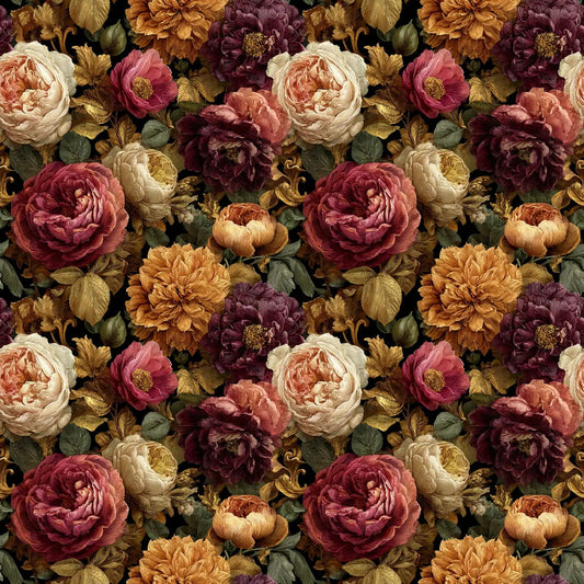 Image of viscose gabardine fabric with peonies and roses – available online at Charlotte's Fabrics
