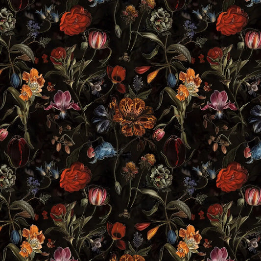 Viscose gabardine fabric with flowers on black – available online at Šarlotes audumi