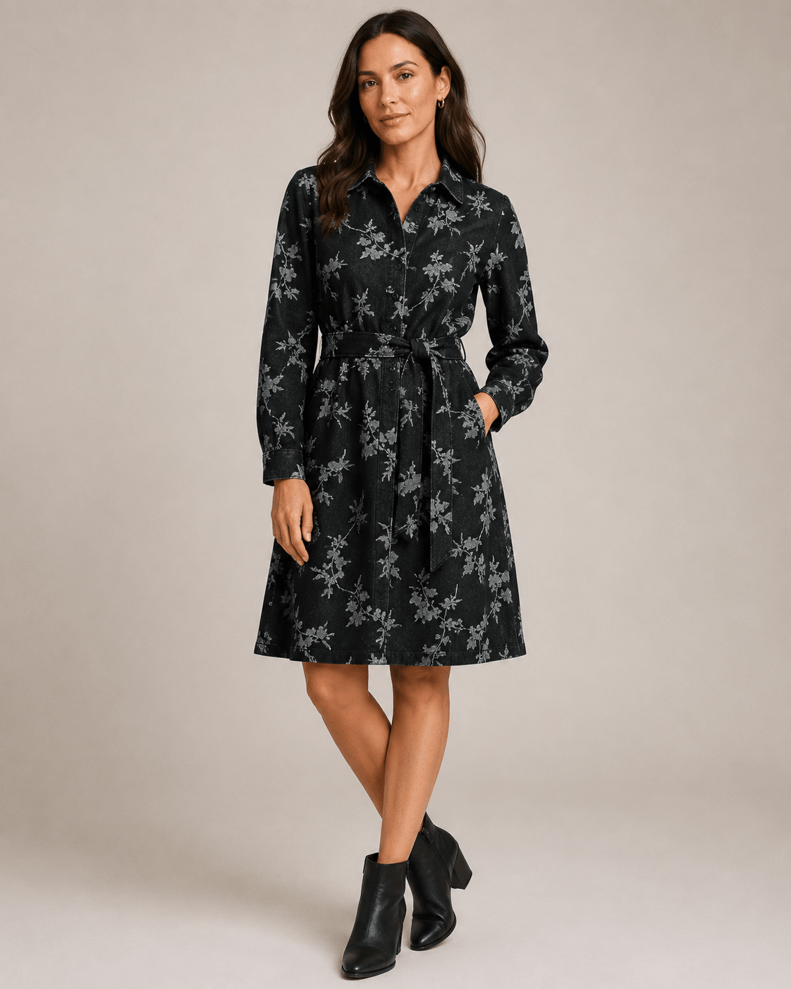 Image of jacquard denim fabric with flowers – black – available online at Charlotte's Fabrics
