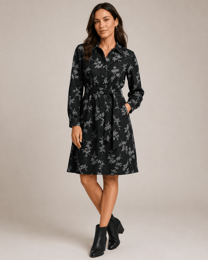 Image of jacquard denim fabric with flowers – black – available online at Charlotte's Fabrics