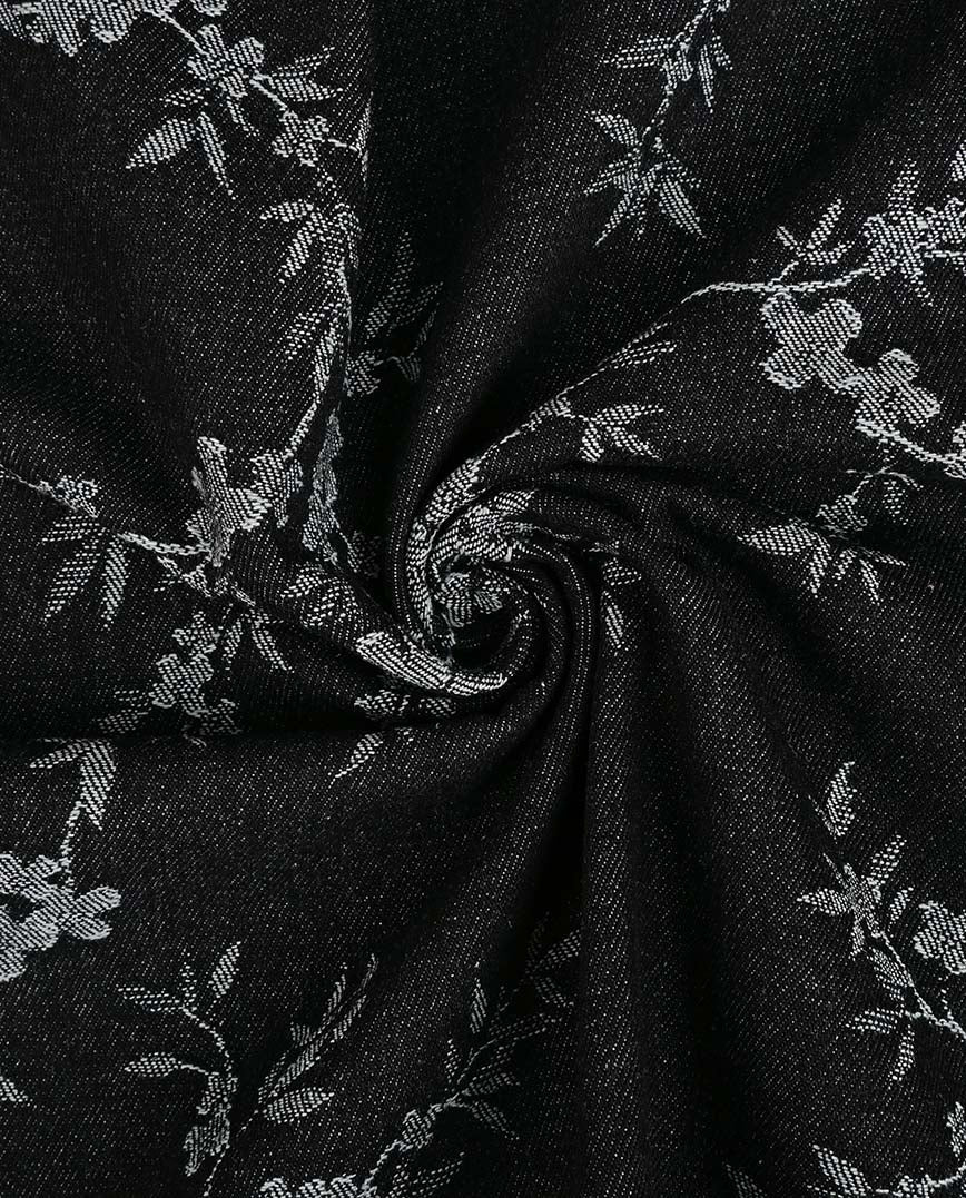 Image of jacquard denim fabric with flowers – black – available online at Charlotte's Fabrics