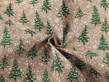 Image of Christmas decorative fabric with fir trees and snow – available online at Šarlotes audumi