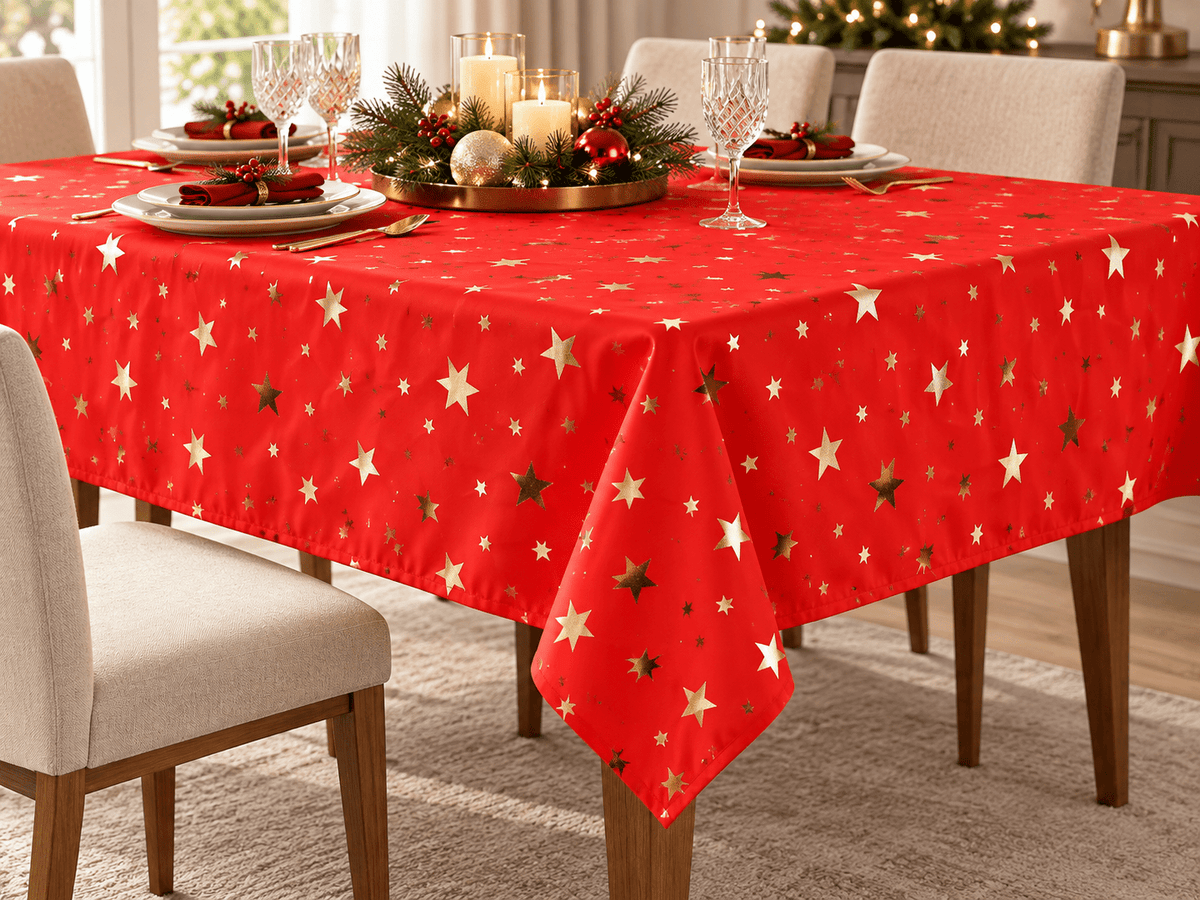 Image of Christmas decorative fabric with gold stars – available online at Šarlotes audumi