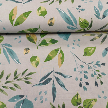 100% cotton fabric – green and petrol leaves on grey 130 g/m²