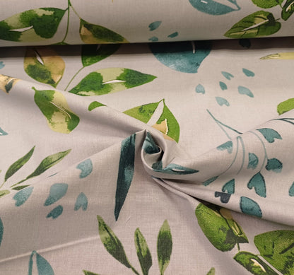 100% Cotton fabric - green and petrol leaves on gray 130 g/m²