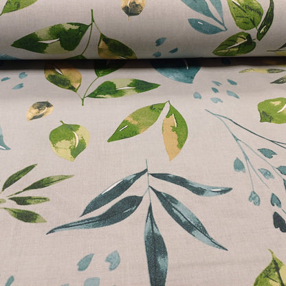 100% Cotton fabric - green and petrol leaves on gray 130 g/m²