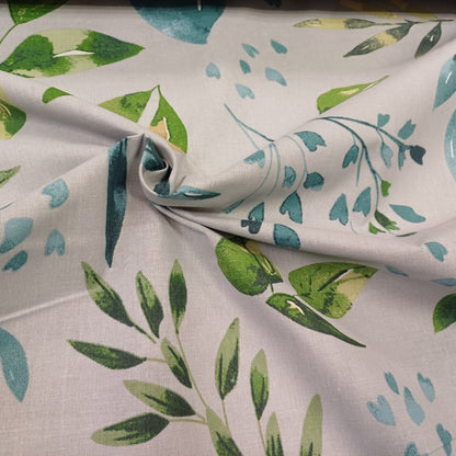100% Cotton fabric-green and petrol leaves on grey 130 g/m²