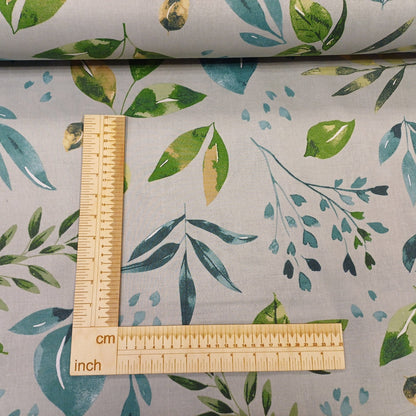 100% Cotton fabric-green and petrol leaves on grey 130 g/m²