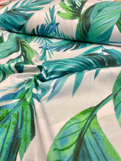 100% Cotton fabric - blue-green palm leaves 125 g/m²