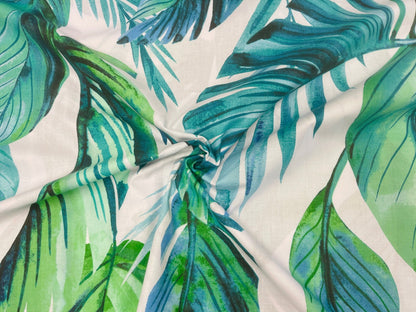 100% Cotton fabric - blue green palm leaves 125 g/m²