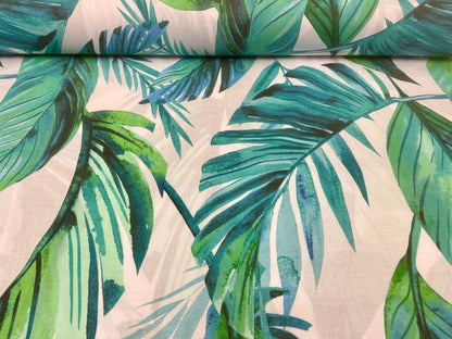 100% Cotton fabric - blue-green palm leaves 125 g/m²