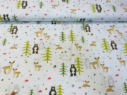 100% Cotton fabric-animals in fir trees 130 g/m²