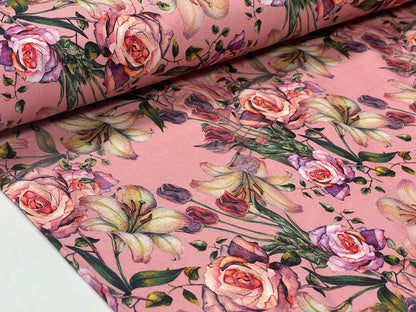 Fine cotton jersey - roses and lilies 220 g/m²