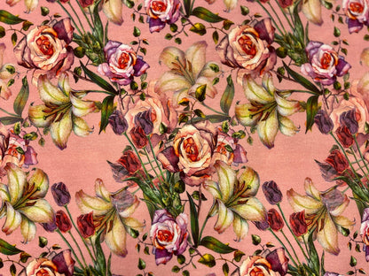 Thin cotton jersey - roses and lilies 220 g/m²