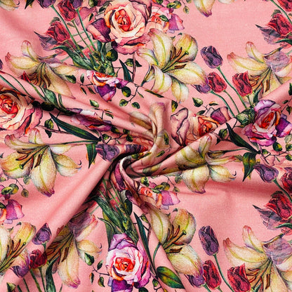 Thin cotton jersey - roses and lilies 220 g/m²