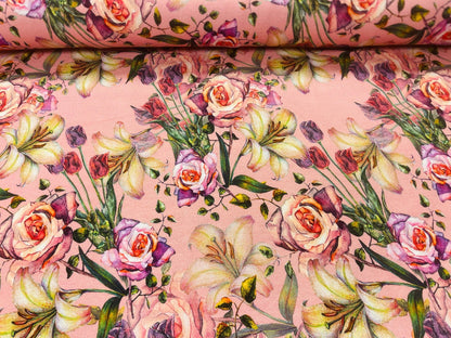 Thin cotton jersey - roses and lilies 220 g/m²